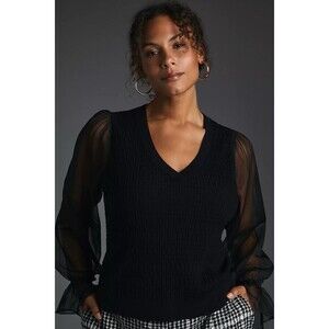 Maeve by Anthropologie Sheer Sleeve Black V-Neck Sweater Size S Small EUC!!!
